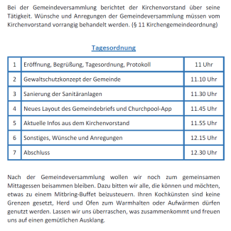 zu lesen ist die Tagesordnung der Gemeindeversammlung