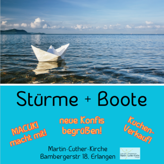 Ein Papierboot auf einem See, darunter geschrieben "Stürme und Boote"