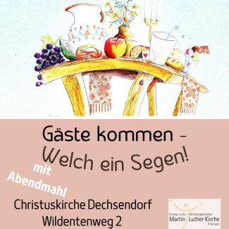 Ein reich gedeckter Tisch, Unterschrift: Gäste kommen - Welch ein Segen!