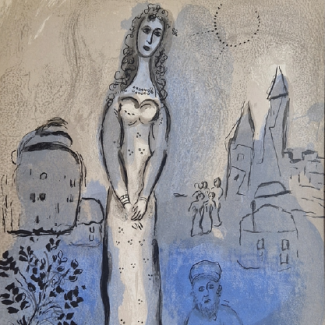 eine gezeichnete Frau, im Hintergrund eine Stadt