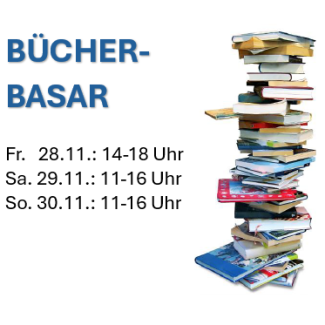 BIld eines Bücherstapels, daneben die Öffnungszeiten