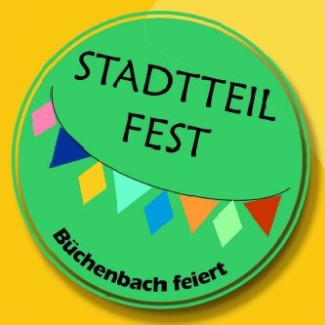 grüner Kreis mit Wimpelkette und Schriftzug Stadtteilfest