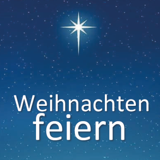 Blauer Hintergrund, weißer Stern und Schrift: Weihnachten feiern