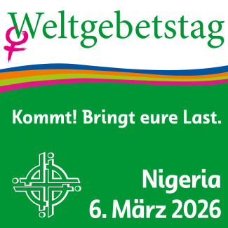 Banner mit Logo und Schriftzug "kommt bringt eure Last"