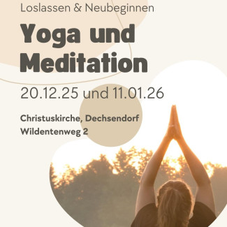 Schriftzug: Yoga und Meditation, man sieht ein Bild einer Frau, die die Arme nach oben streckt