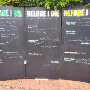 Tafel mit Kreidenotizen, die den Satzanfang "Before I die ..." beenden